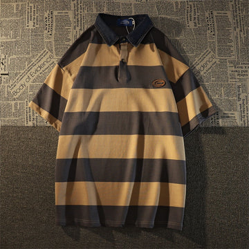 Wiaofellas Short Sleeve Classic Retro Stripe Polo T-shirt Denim Collar Men Trend Color Matching Cotton Streetwear Casual Tops
